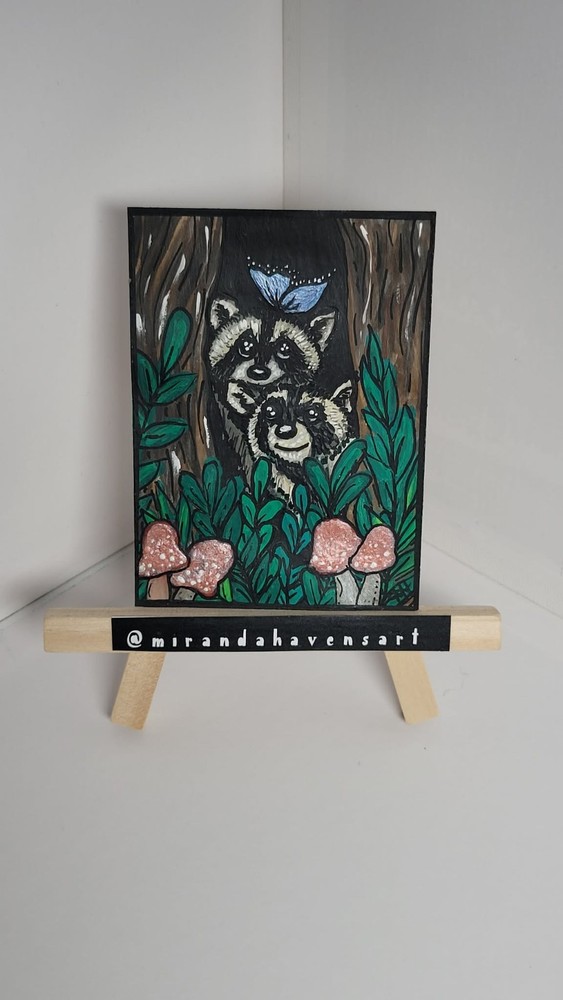 ACEO Original Painting, Raccoons Mushrooms Butterfly Water Color Painting Signed