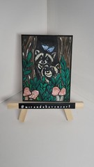 ACEO Original Painting, Raccoons Mushrooms Butterfly Water Color Painting Signed