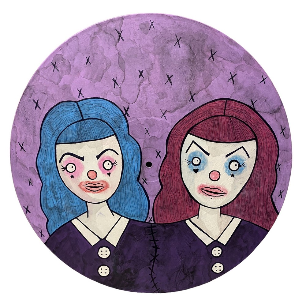 Original Painting Conjoined Clown twins Ooak Art Clowns On Vinyl Record Oddity