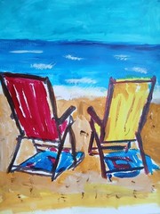 Expressionism/Abstract Beach Chairs 11 x 14 Signed Colorful Street Art Painting