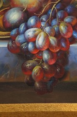 Vintage Still Life Fruit Grapes Wine Oil Painting on Canvas Gold Frame 27″