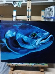 Bluefish Painting, Hand Painted On Hard Board Canvas, Acrylic 12×16