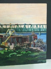 Jean Fowler 1924-2015 (Bar Harbor, Maine) Orig. Oil Canvas- Lobster Boats Bridge
