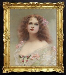 Classical Oil Painting Lady Red Curly Hair Floral Vintage Art Female Portrait
