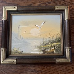 VTG Coastal Lighthouse Beach Scene Oil Painting Framed Wood Brass K. Cummings