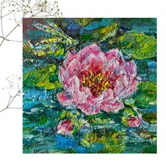 Original Oil Painting Blooming Water Lotus Impasto Small Wall Art 4x4in Signed