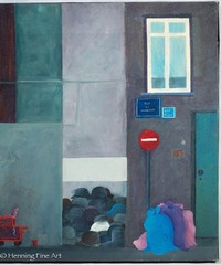 Vintage Francoise Gerard Oil Painting Surrealist French Rue du Marche 13×16″