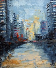 New York City Oil Painting Pale Urban Sunset, Streets and Skyscrapers Handmade