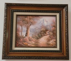 Framed Oil Painting fiber board 15″x13″ Landscape Cabin Forest signed C Inness