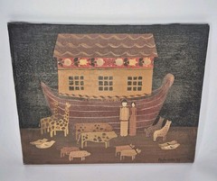 Original 1984 Noah’s Ark Folk Art Oil Painting Mary Beth Baxter Primitive 14×11