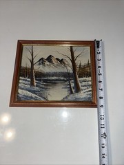 Vintage Original Oil On Hardboard Winter Mountains&Lake Landscape Framed