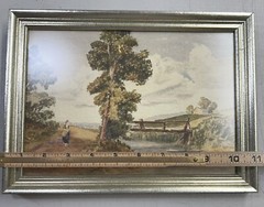 Antique Watercolor Painting Of Rustic Bridge Over Stream in Countryside Framed