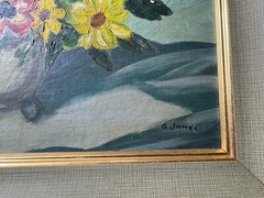 Vintage G James „Vase Of Flowers Scene“ Oil Painting – Signed And Framed