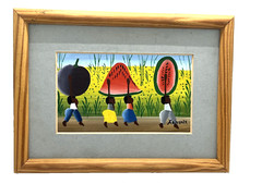 Caribbean Native Original Art Painting Carrying Fruit Scene Framed Artist Signed