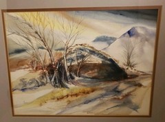 Original Lori Fischman (1927-2017) „Snowy Hills“ Watercolor, Framed, Berks Co PA