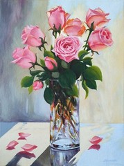 Pink roses bouquet in a glass vase, hand painted small painting, gift idea
