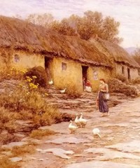 Oil painting frederick waters watts RR irish cottage young woman & Poultry ducks