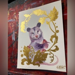 Original Possum Painting Opossum Watercolor Mix Art Gold Accents Whimsical EAE