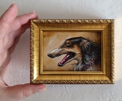 ACEO Borzoi Oil Painting Framed dog artwork 2.5×3.5 in