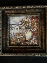 Framed Still Life Painting with Flowers and Fruit, Small Floral Art