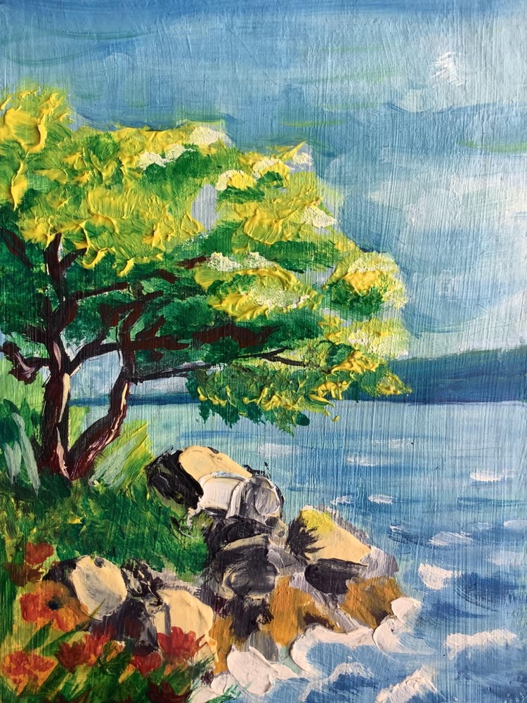 ACEO Original Painting Impressionist Landscape Tree Lake Rocks Textured OOAK