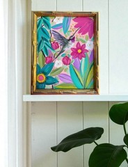 ORIGINAL Bamboo Framed Hummingbird Painting – Framed Tropical Floral Bird Art