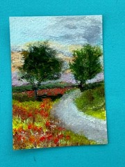 Aceo Red Poppy Road landscape nature meadow sunset peaceful impressionist style