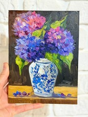 Hydrangea Floral Original Oil Painting Art Impasto Flower Still Life 6×8 in