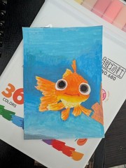 ACEO Ocean Life pop-eyed Goldfish, 2.5×3.5″ Miniature Painting Art Card