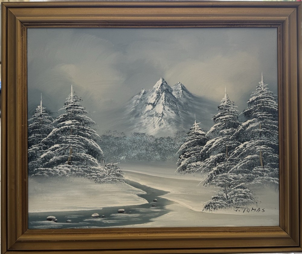 Vintage Decorative Arts Winter Mountain Oil Painting 20 1/2” L X 24 1/4” W