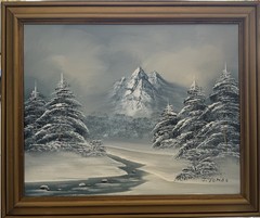 Vintage Decorative Arts Winter Mountain Oil Painting 20 1/2” L X 24 1/4” W