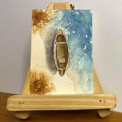 OOAK Watercolor ACEO Original Painting Wooden Rowboat Beach Shore Miniature Art
