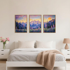 Boho Vintage Purple Mountain Canvas Art Set for Living Room & Bedroom