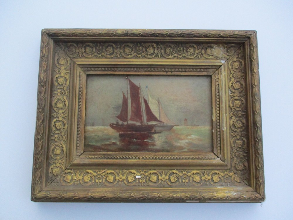 SMALL GEM ANTIQUE IMPRESSIONIST IMPRESSIONISM PAINTING NAUTICAL SHIPS COASTAL