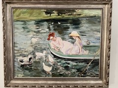 Beautiful framed Oil on canvas painting mother & daughter on the lake 33” x 37”