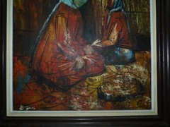 Vintage Cubism Oil Painting, Bedouin Women in Market, Signed E. ENOS, 64 x 54 cm