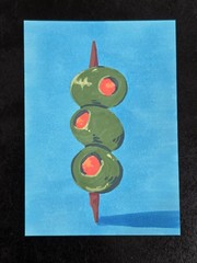 ACEO Card Olives On Toothpick, Acrylic & Alcohol on Mixed Media Paper, 2.5″x3.5″