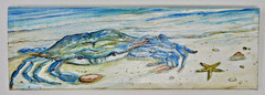 12×4″ SIGNED Original Acrylic Painting Blue Crab Beach Ocean Decor „Shoreline“