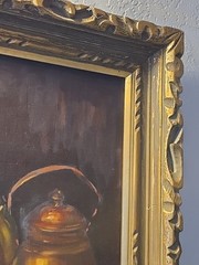 Vintage Still Life Original Oil Painting Wine Fruit Glass Kettle Realism Ornate