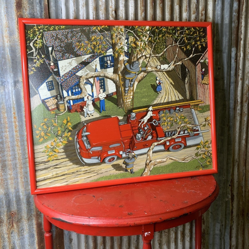 H. HARGROVE Painting of Fire Truck and Cat In The Tree. HUGE!