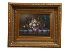 Vintage Still Life Fruit Grapes Wine Oil Painting on Canvas Gold Frame 27″