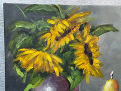STILL LIFE OIL PAINTING PAUL A. ILLEGIBLE SUNFLOWERS FRUITS WINE GLASS 20TH C.