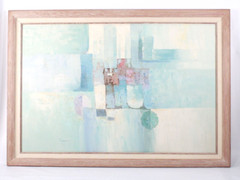 Mid-Century Abstract Oil Painting By Chirard? With Wooden Frame