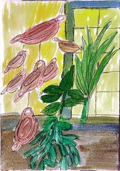 Calderas Pequeñas campanillas de viento en la ventana Original 5×7 Watercolor