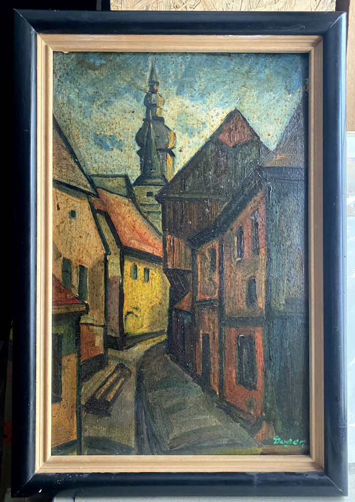 Oil Painting Signed Epee Old Town Church Gasse Wohl South German Antique Road Ö