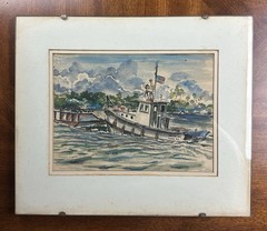 Vintage Florida Watercolor Painting 1956 By Gregg Moore Tug Boat & Barge READ !