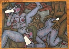 Berutscha, Gurami Hagemann, 3 men and 2 women making love, oil