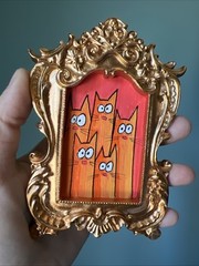 Funny Cats,humor, cute,funny,original miniature Painting,small,mini,framed