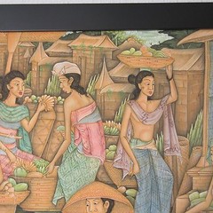 KARMAYASA IMPRESSIVE VINTAGE UBUD BALI TRIBAL VILLAGE STREET SCENE PAINTING
