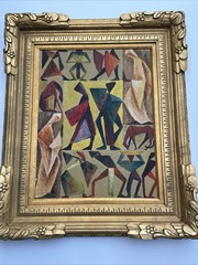 MID CENTURY PAINTING PEOPLE HORSE CUBIST CUBISM MODERNISM ANTIQUE 1940’S OIL